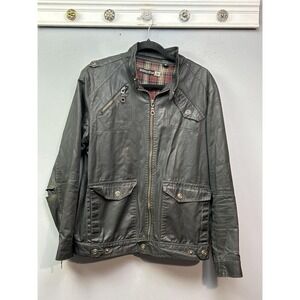 Indigo Star Moto Jacket Mens Medium Gray Coated Cotton Distressed Plaid Lined